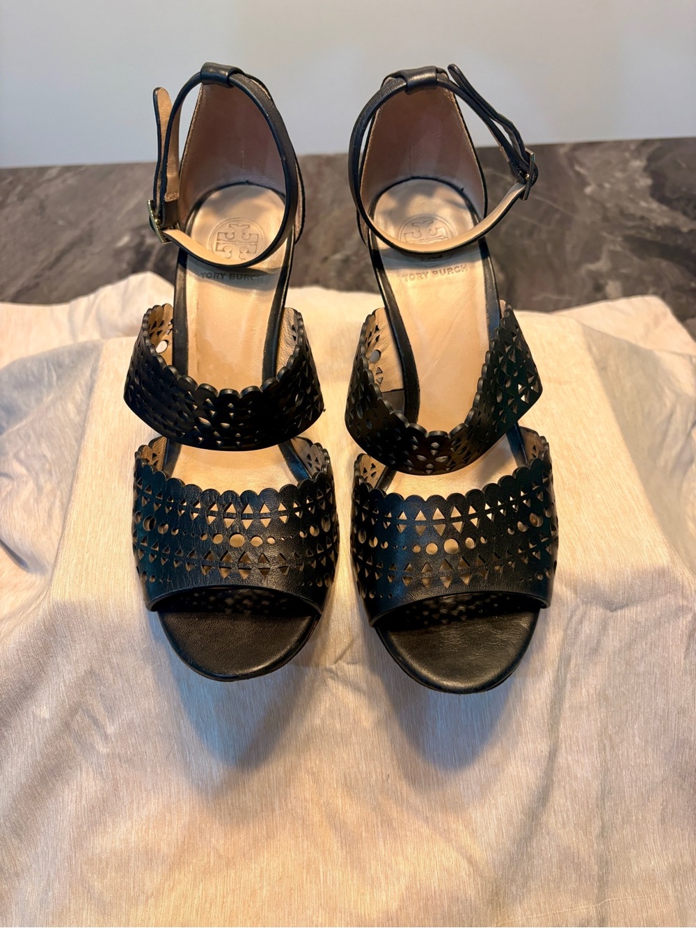 Tory Burch Black Laser-Cut Ankle-Strap Heels